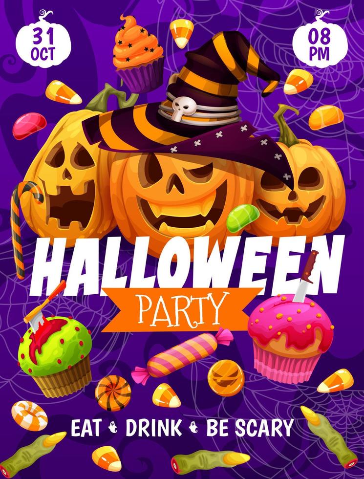 Halloween party flyer, cartoon pumpkins and sweets vector