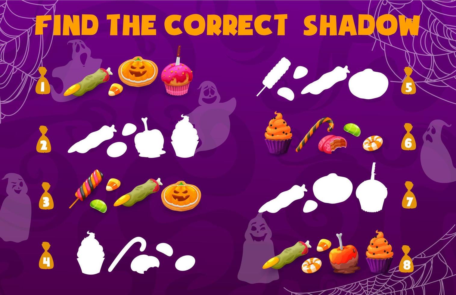 Shadow matching game with Halloween holiday sweets vector