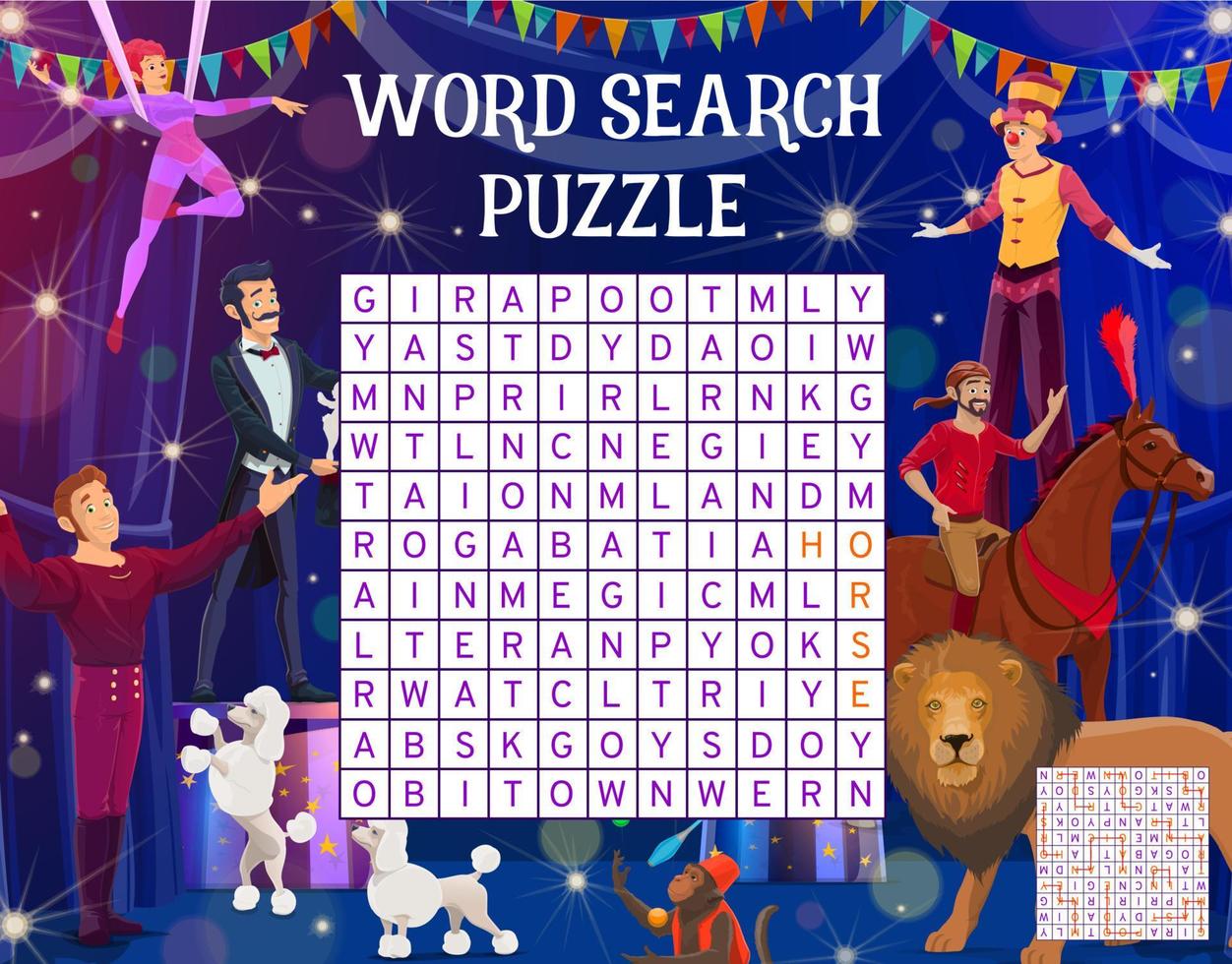 Cartoon shapito circus, word search puzzle game vector