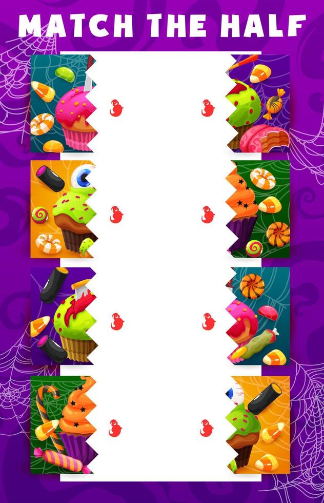 Match the half of Halloween holiday sweets, candy vector