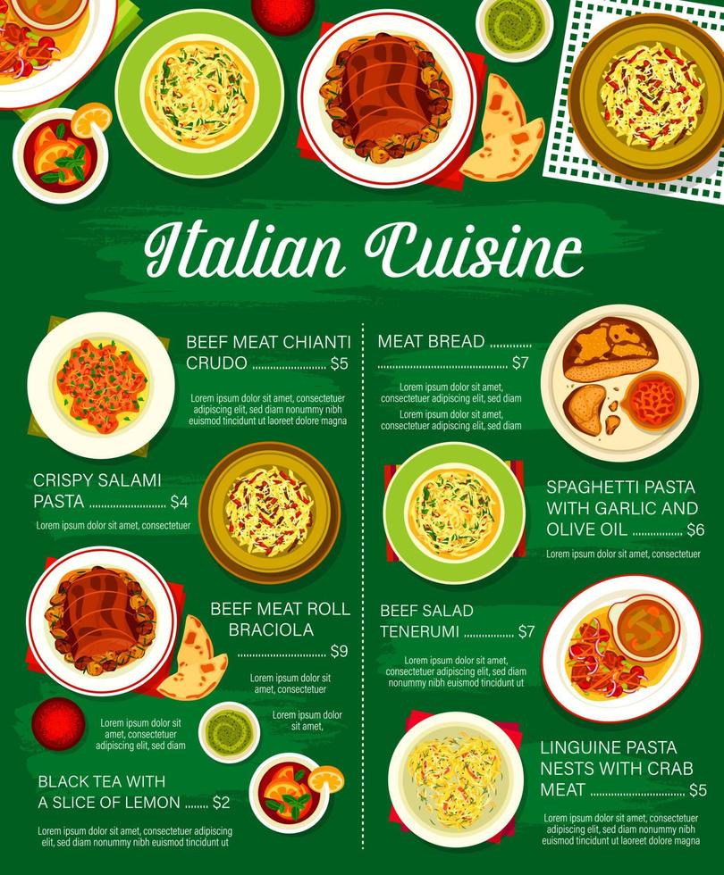 Italian cuisine restaurant dishes menu template vector