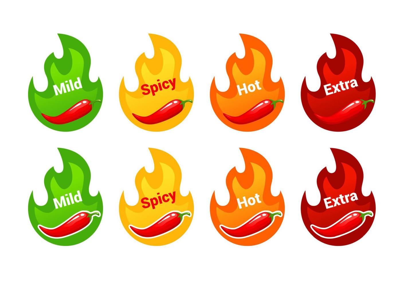 Hot food spicy level labels with fire flames vector