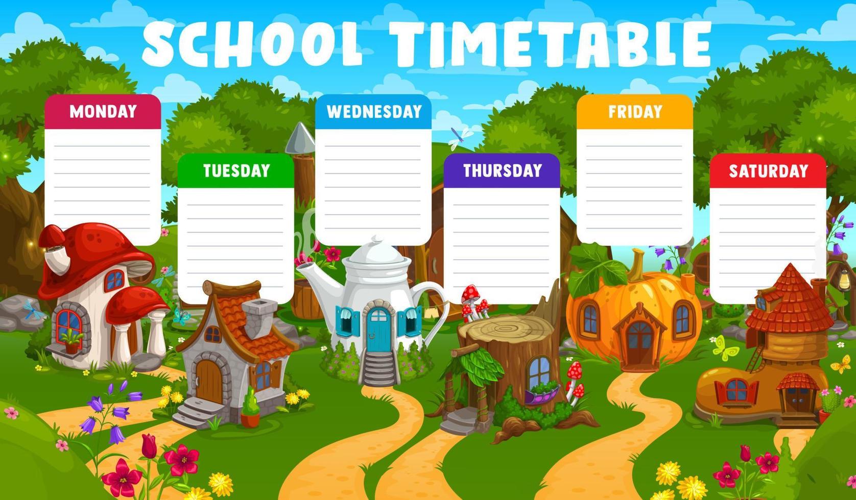 Timetable schedule with cartoon fairy elf houses vector