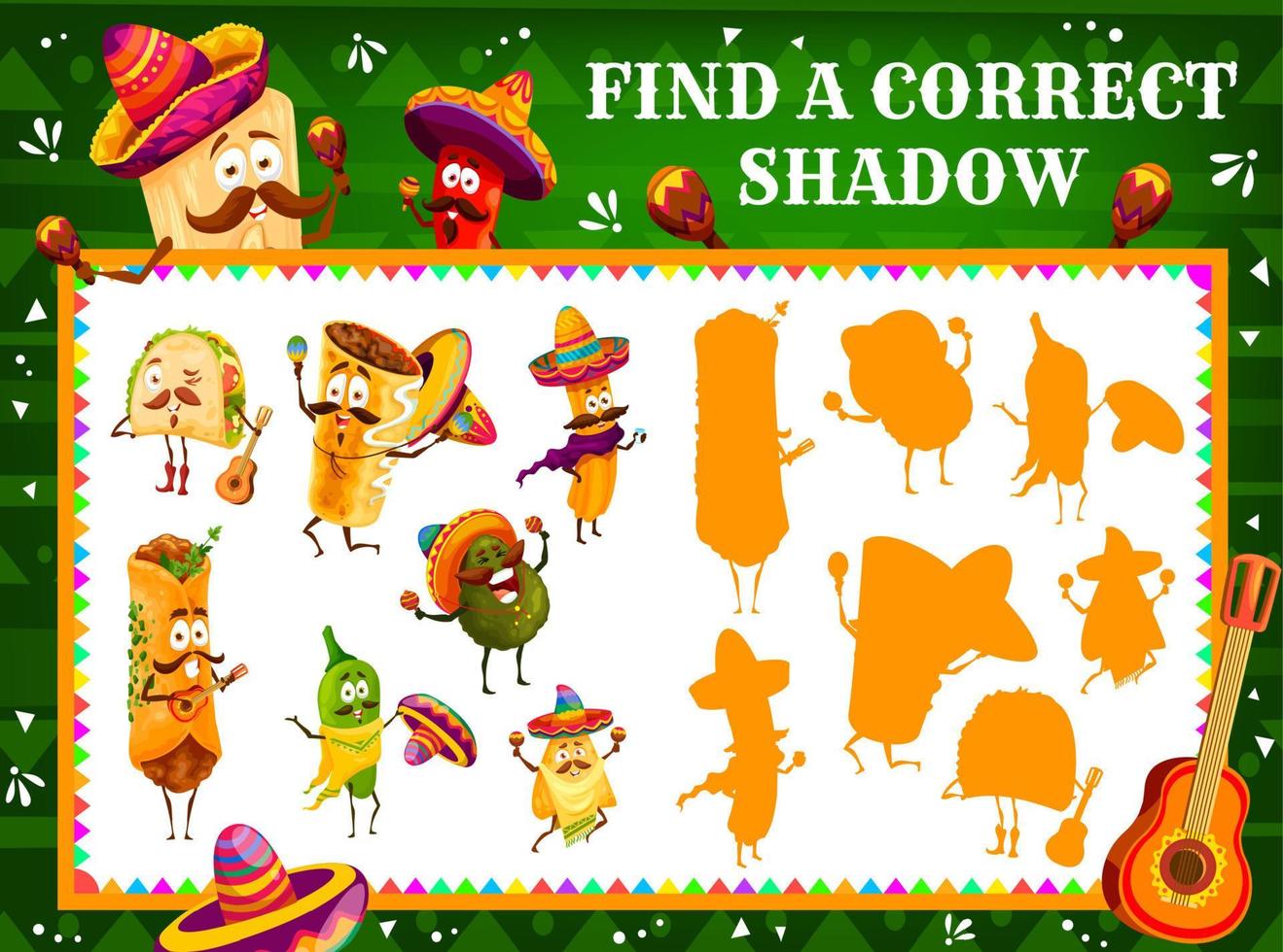 Encuentra el juego correcto de sombras para niños con comida mexicana. vector