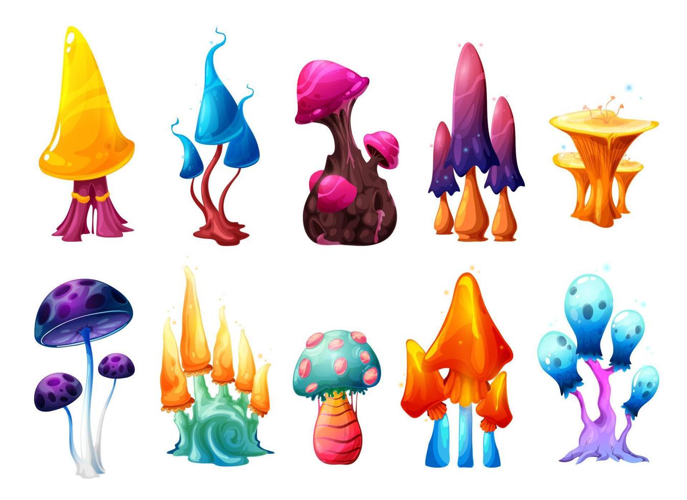 Magic fairy cartoon mushrooms, toadstools set vector