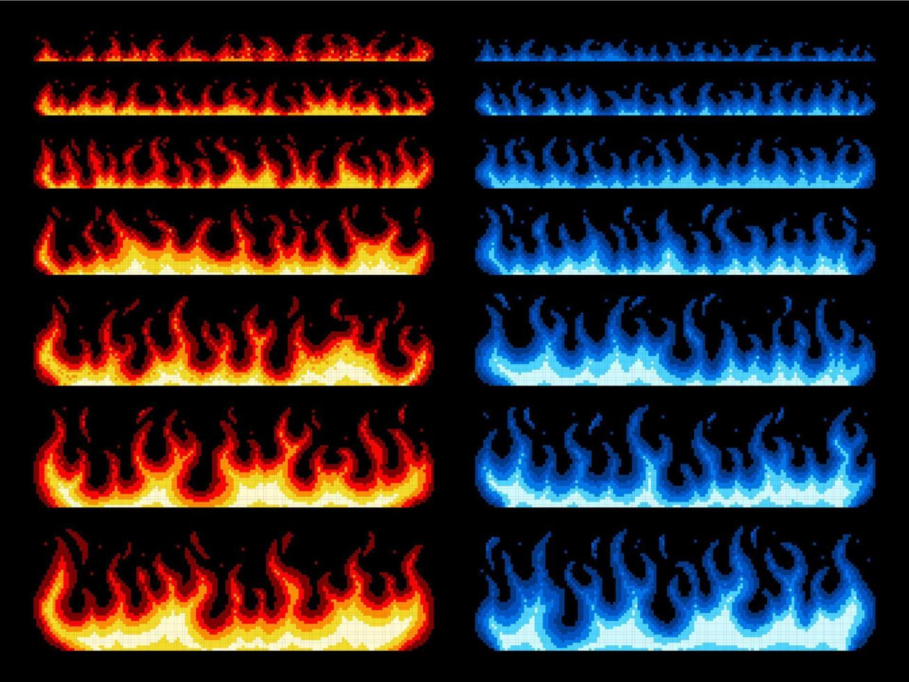 Pixel art fire, game animation blue and red flames vector