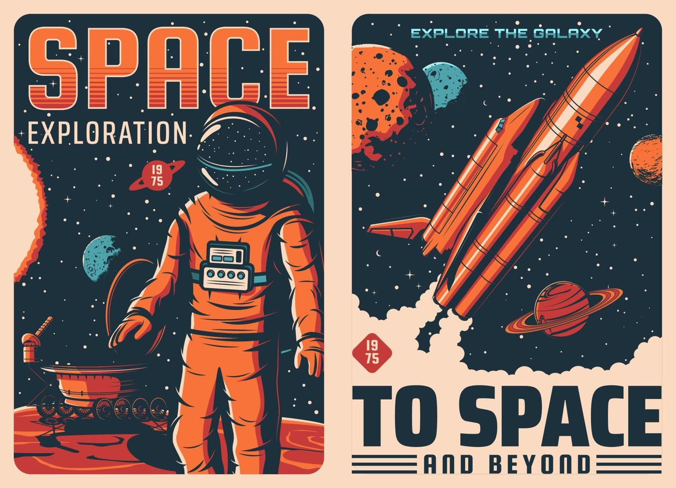 carteles de exploración espacial, astronautas y naves espaciales. vector