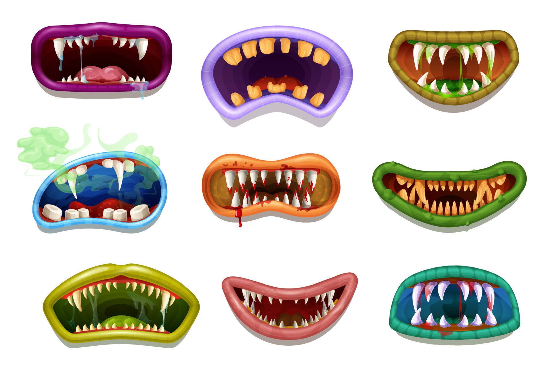 Scary and creepy drool monster grin jaws, mouths 10876398 Vector Art at