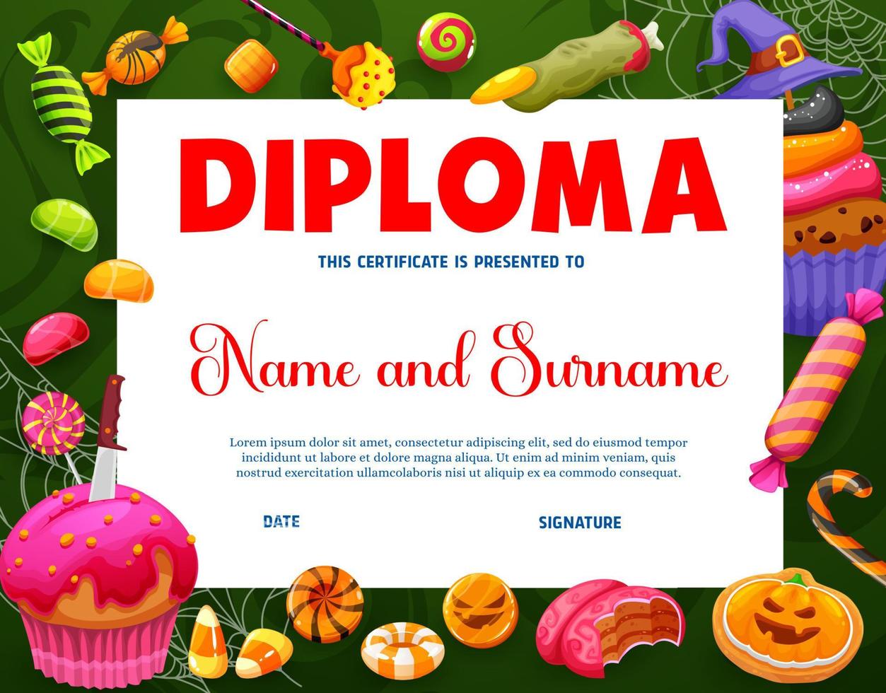 Halloween kids diploma, holiday sweets and candies vector