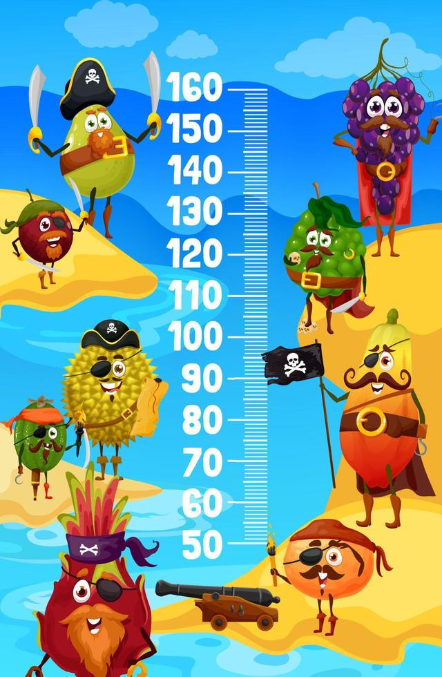 Kids height chart, cartoon fruit pirates, corsairs vector