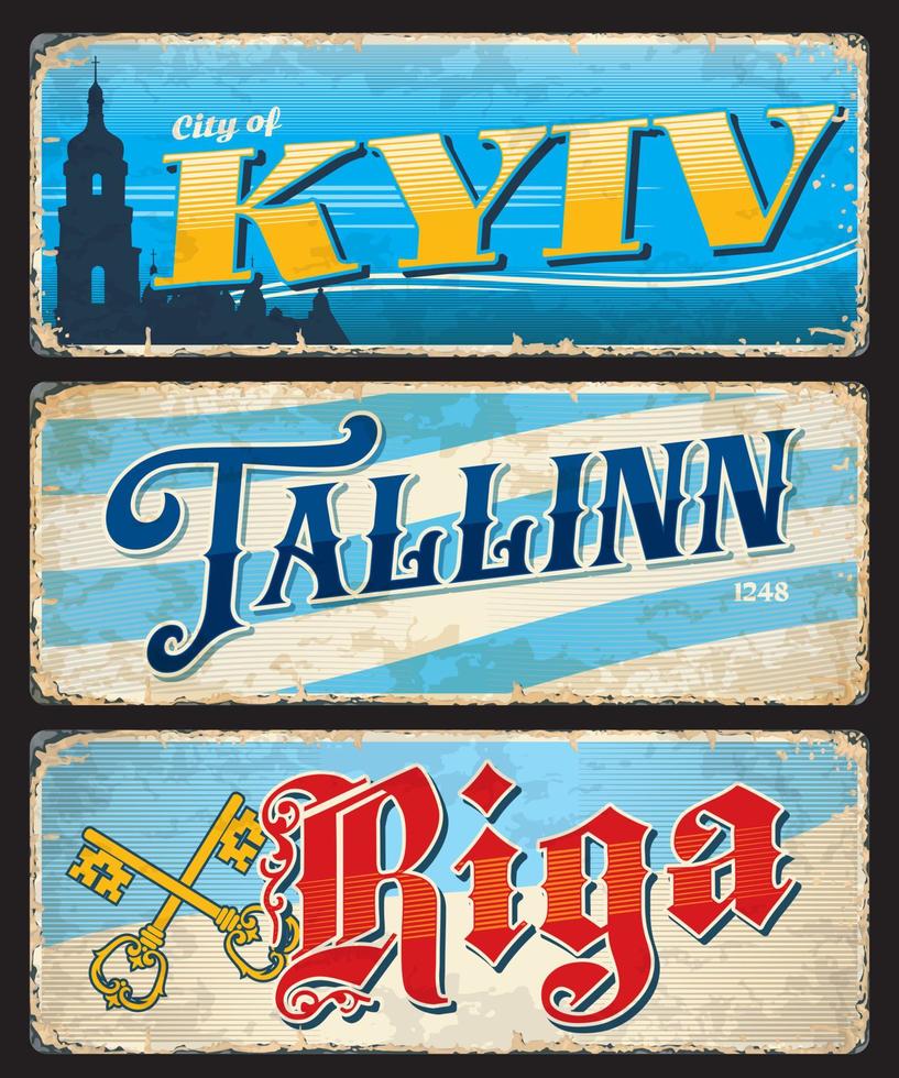 Kyiv, Tallinn, Riga city travel stickers, plates vector