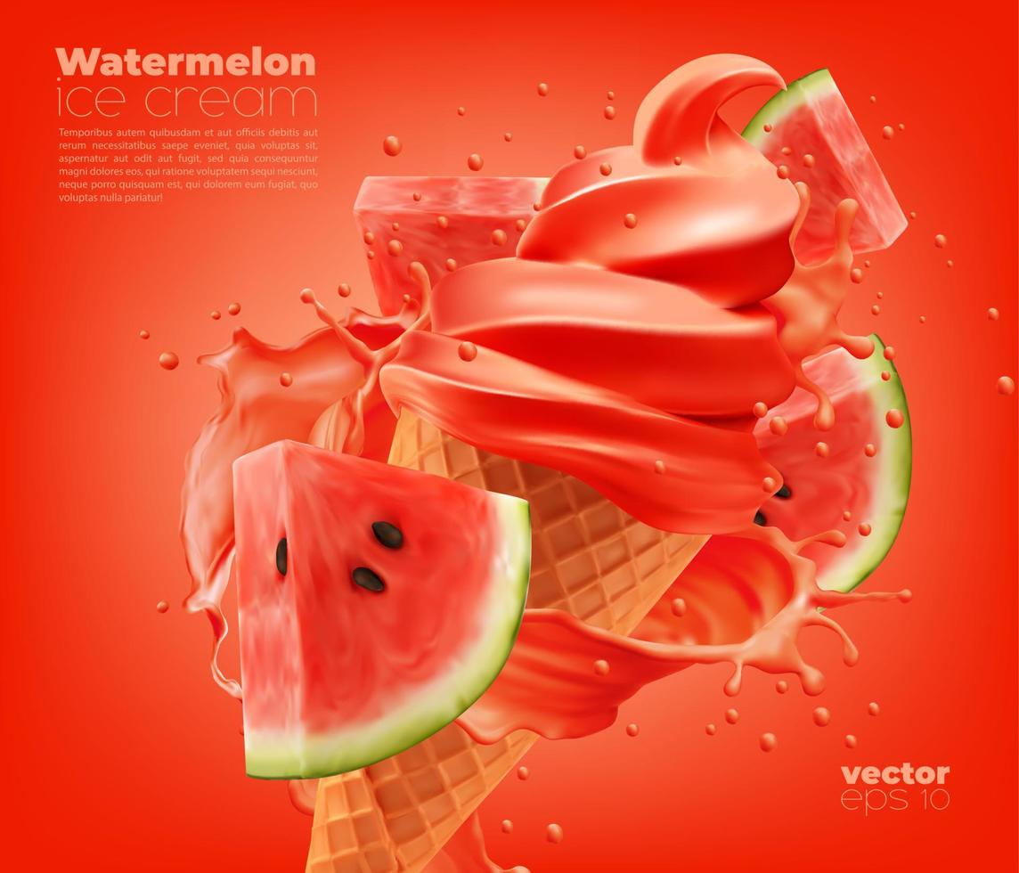 Watermelon soft ice cream cone with splash ads vector