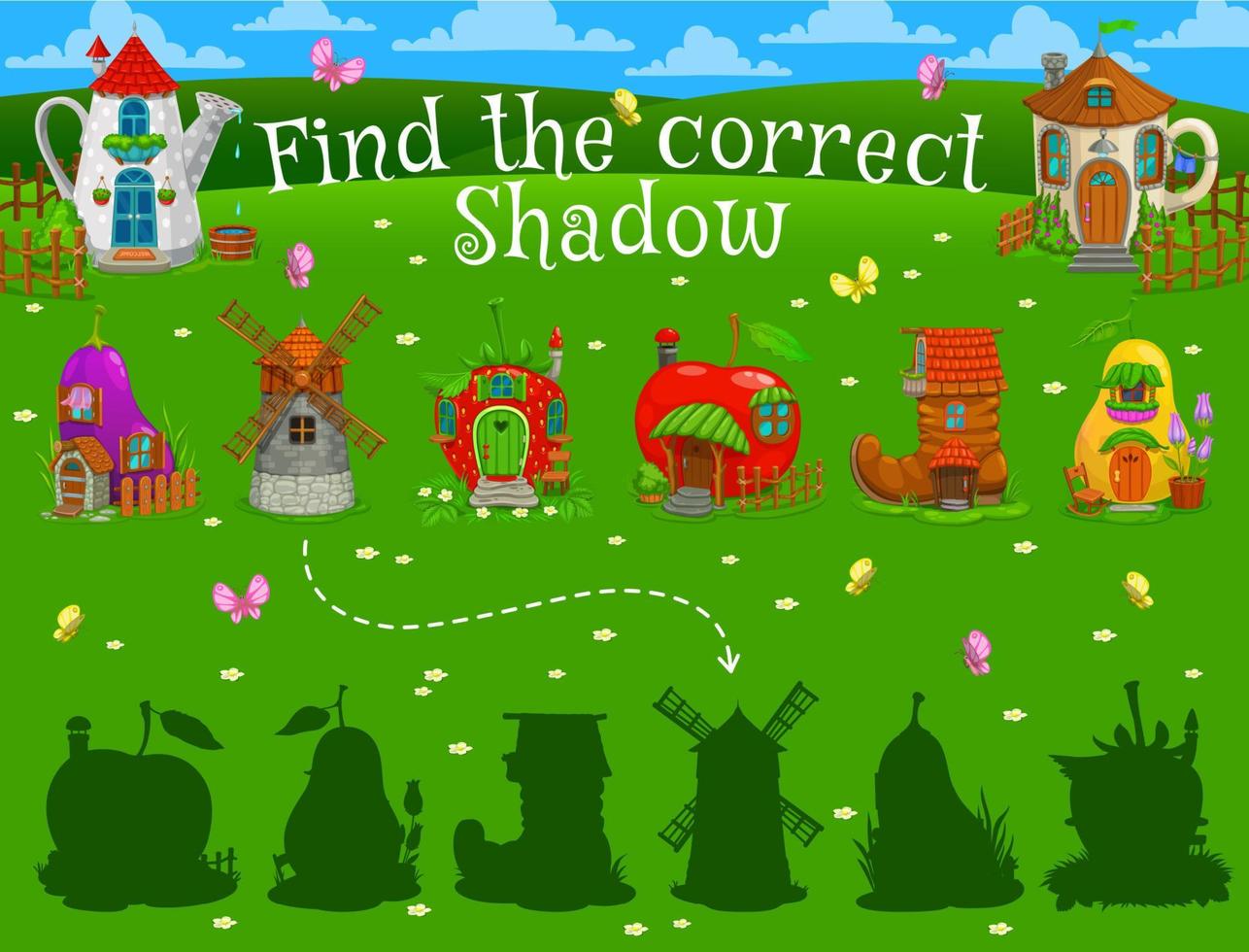 Find the correct shadow of fairytale magic houses vector