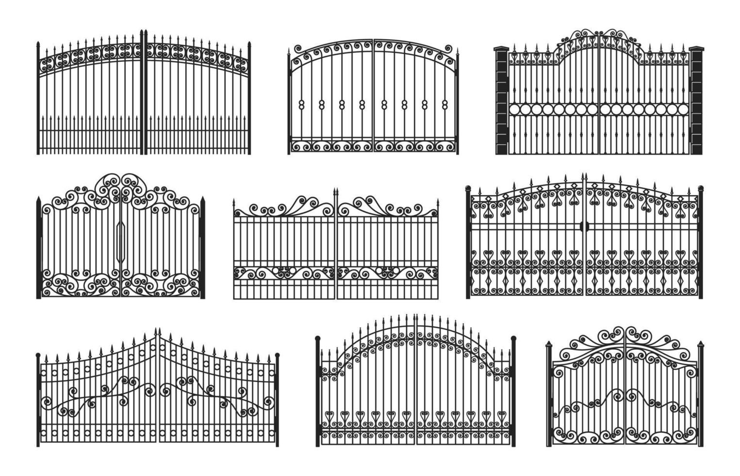 Iron gates, wrought gothic metal decorated grates vector