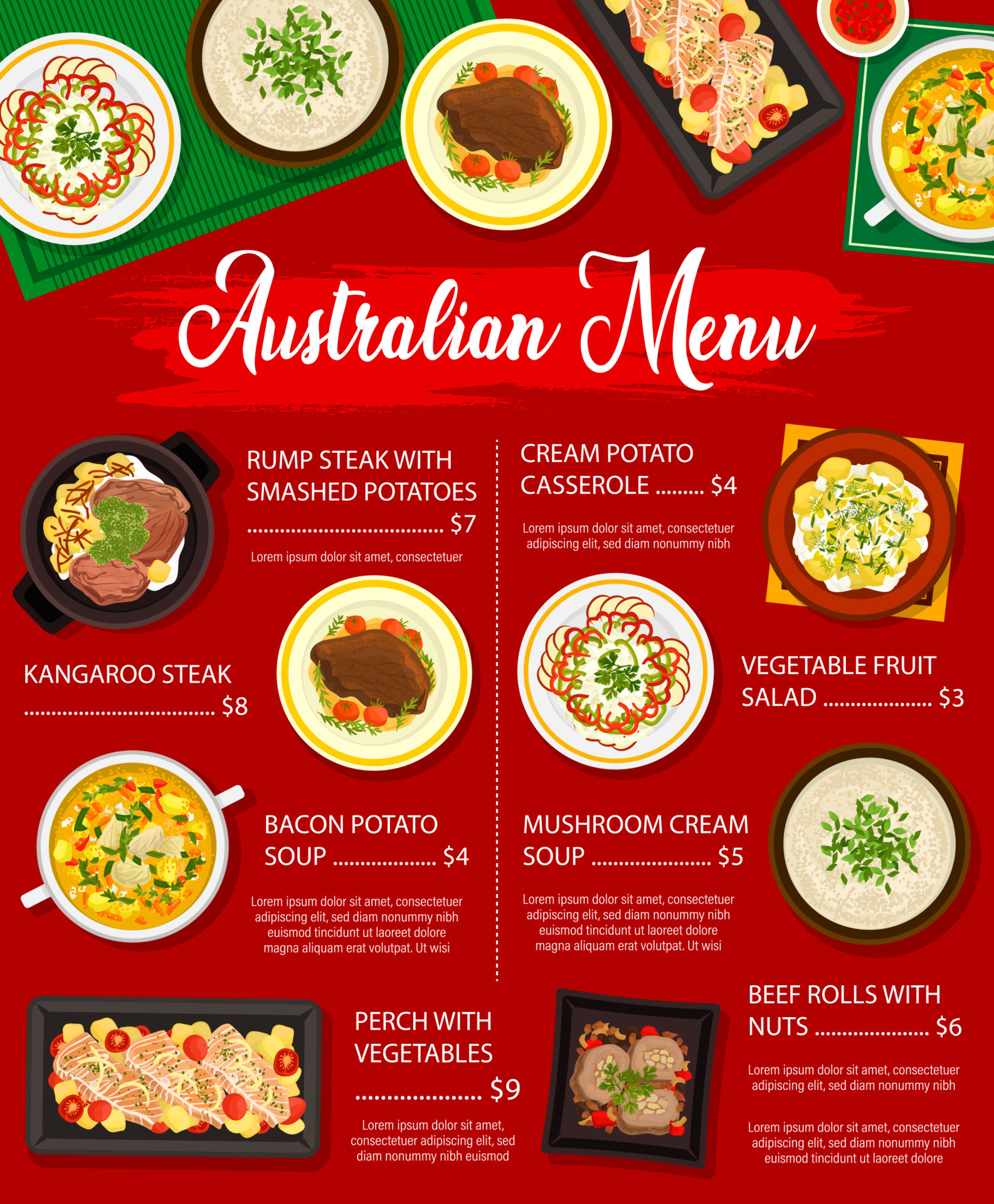 Australian cuisine food of bbq restaurant menu 10876430 Vector Art at