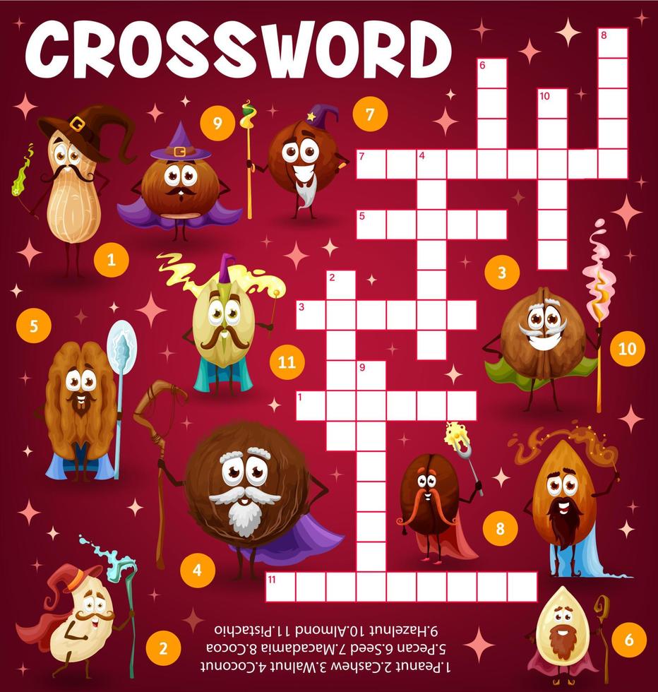 Crossword education quiz worksheet, cartoon nuts vector