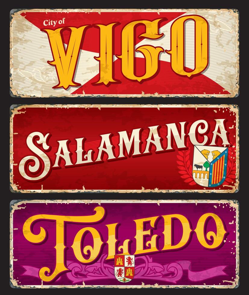 Vigo, Salamanca, Toldeo spanish city plates, signs vector