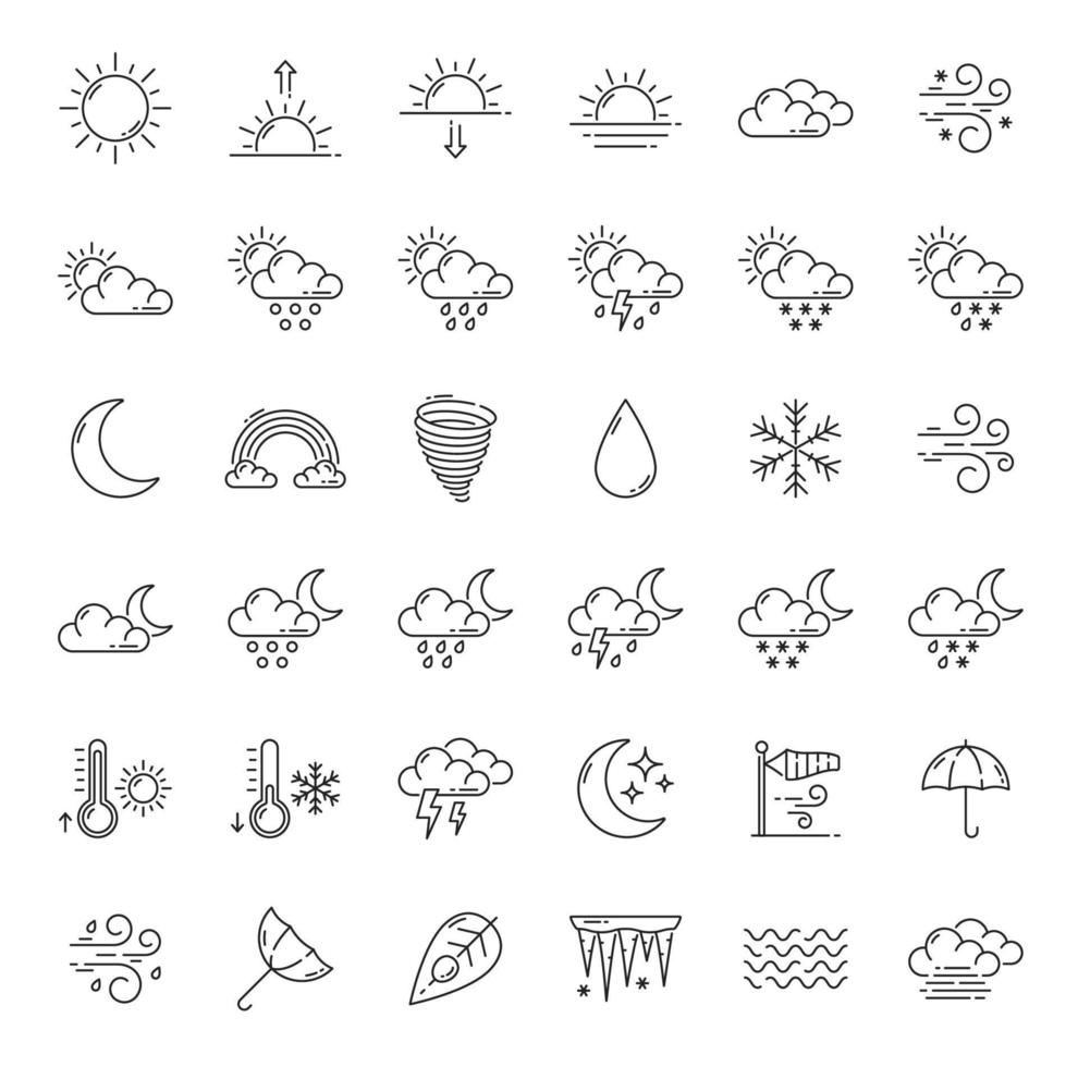 Weather forecast, meteorology outline icons set vector