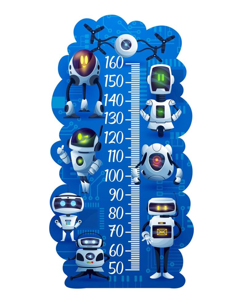 Cartoon robots and droids on kids height chart vector