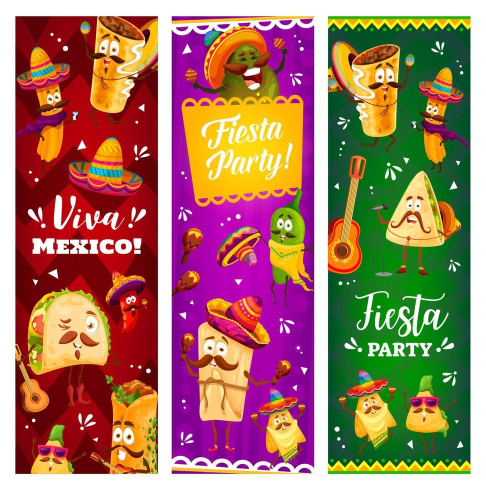 Cartoon mexican characters on fiesta party banners vector