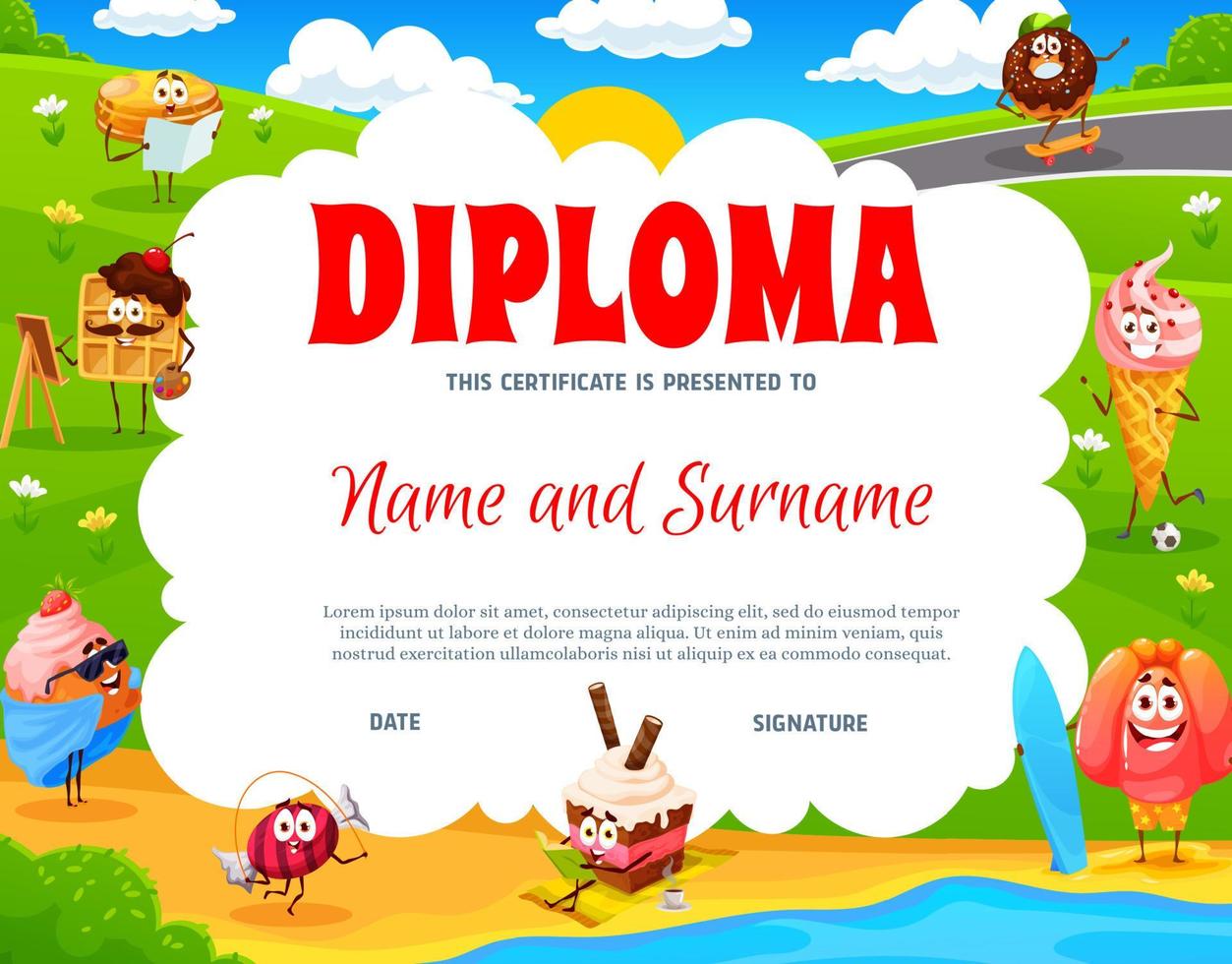 Kids diploma with cartoon sweets characters vector