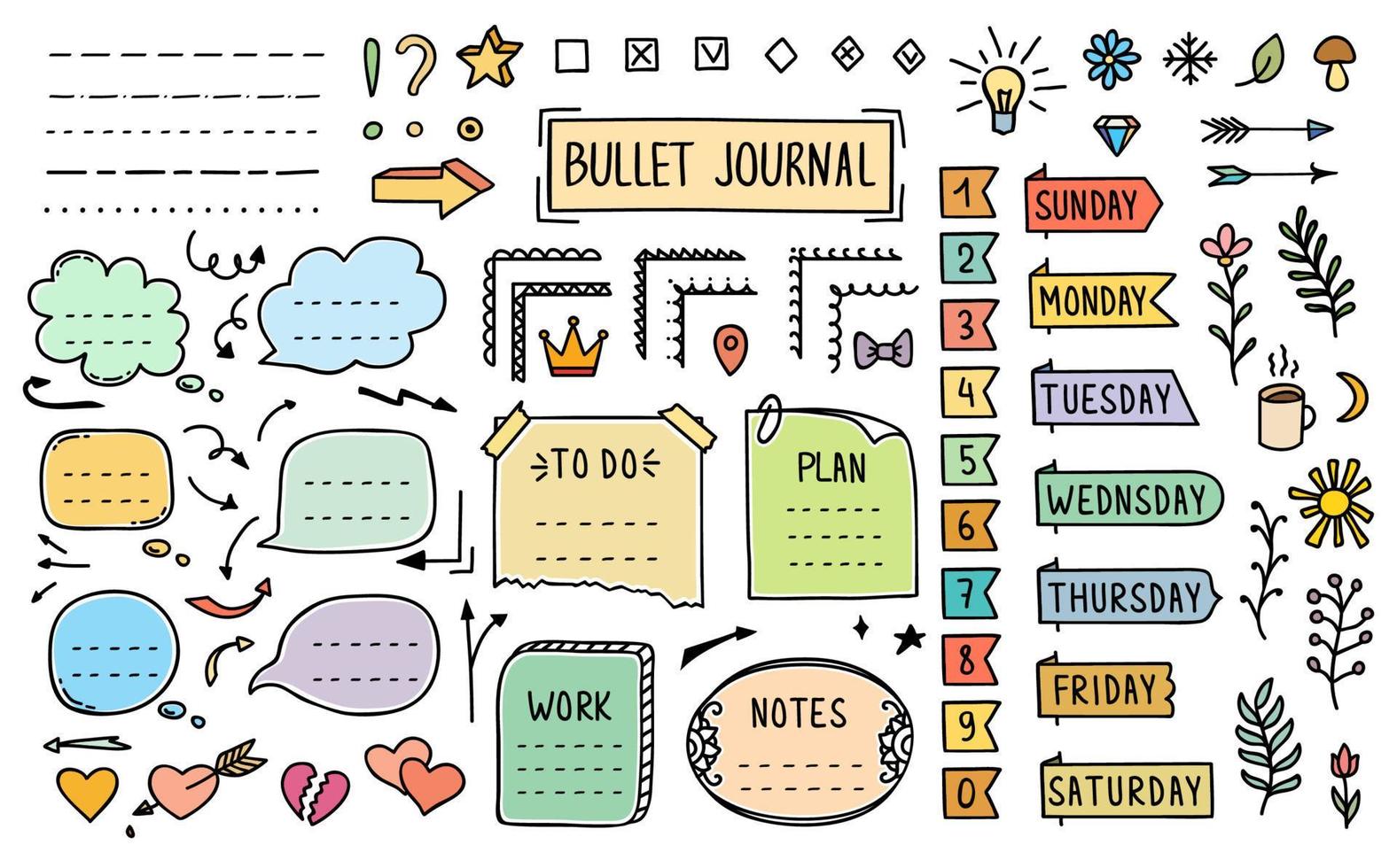 Bullet journal diary doodle elements and stickers vector