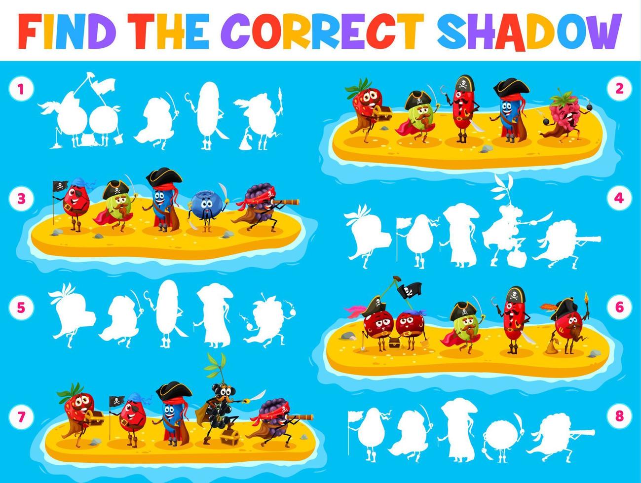 Find the correct shadow of cartoon berry pirates vector
