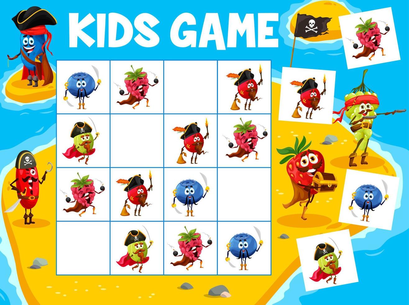 Sudoku kids game cartoon berry pirates on island vector