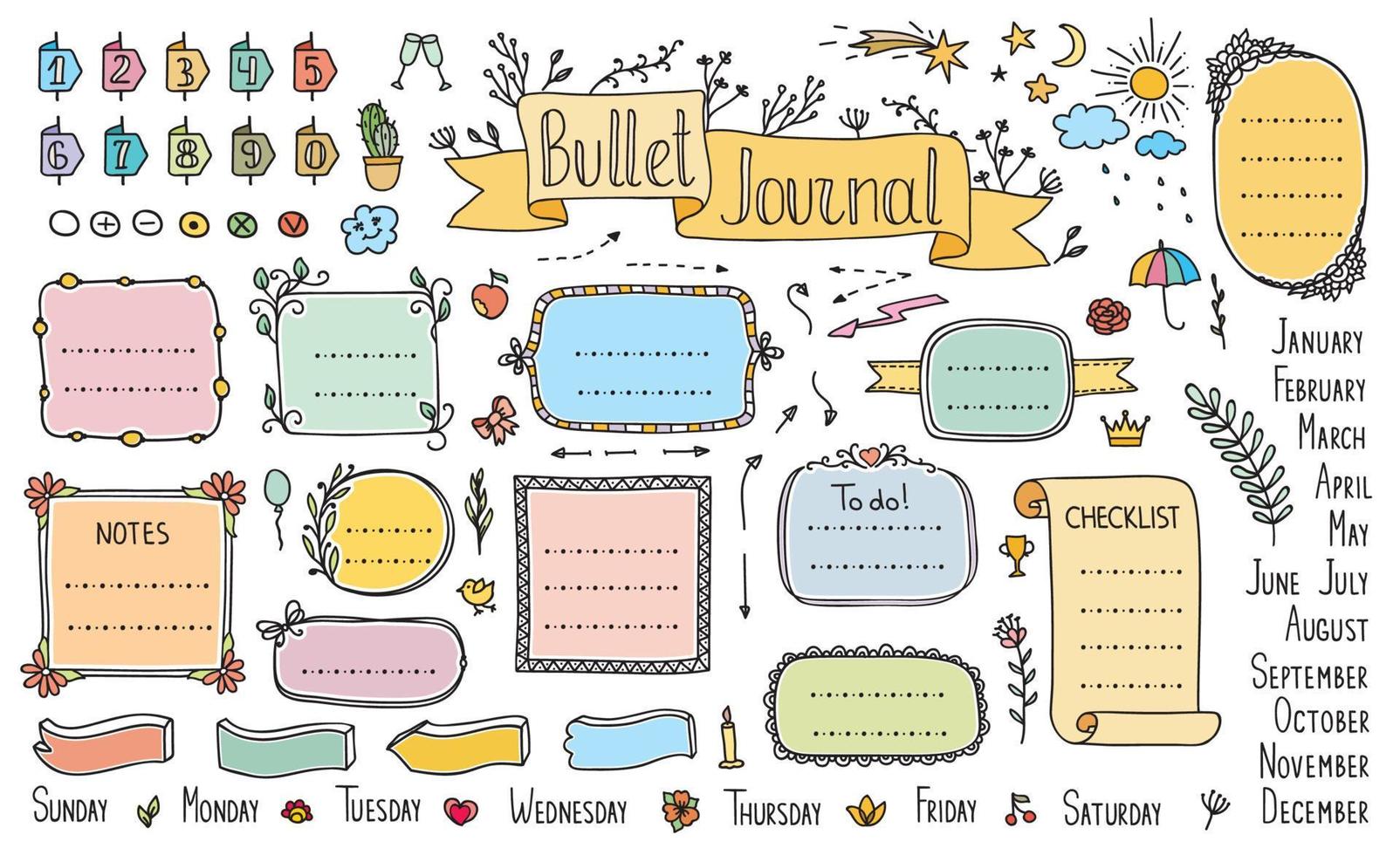 Bullet journal color doodle diary calendar notes vector