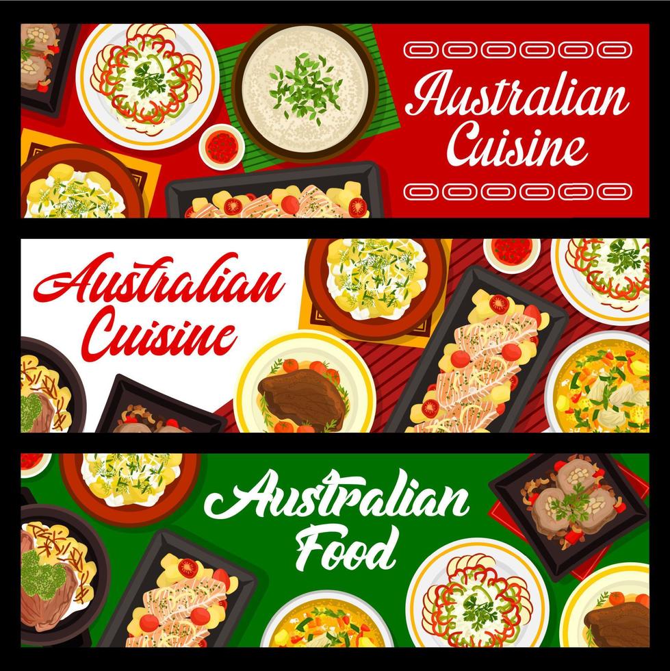 pancartas de comida de la cocina australiana, carne y pescado a la barbacoa vector