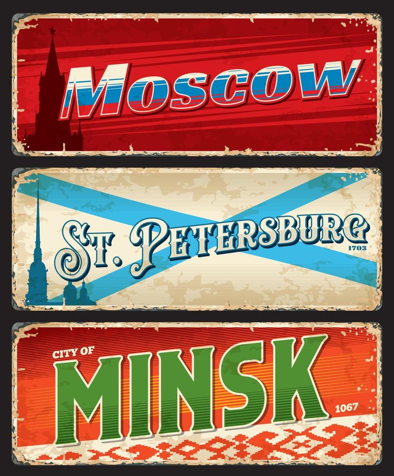 san petersburgo, moscú, placas de viaje de la ciudad de minsk vector