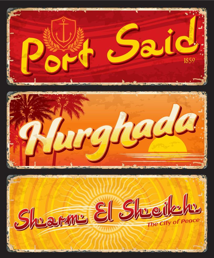 Port Said, Hurghada, Sharm El Sheikh travel plates vector