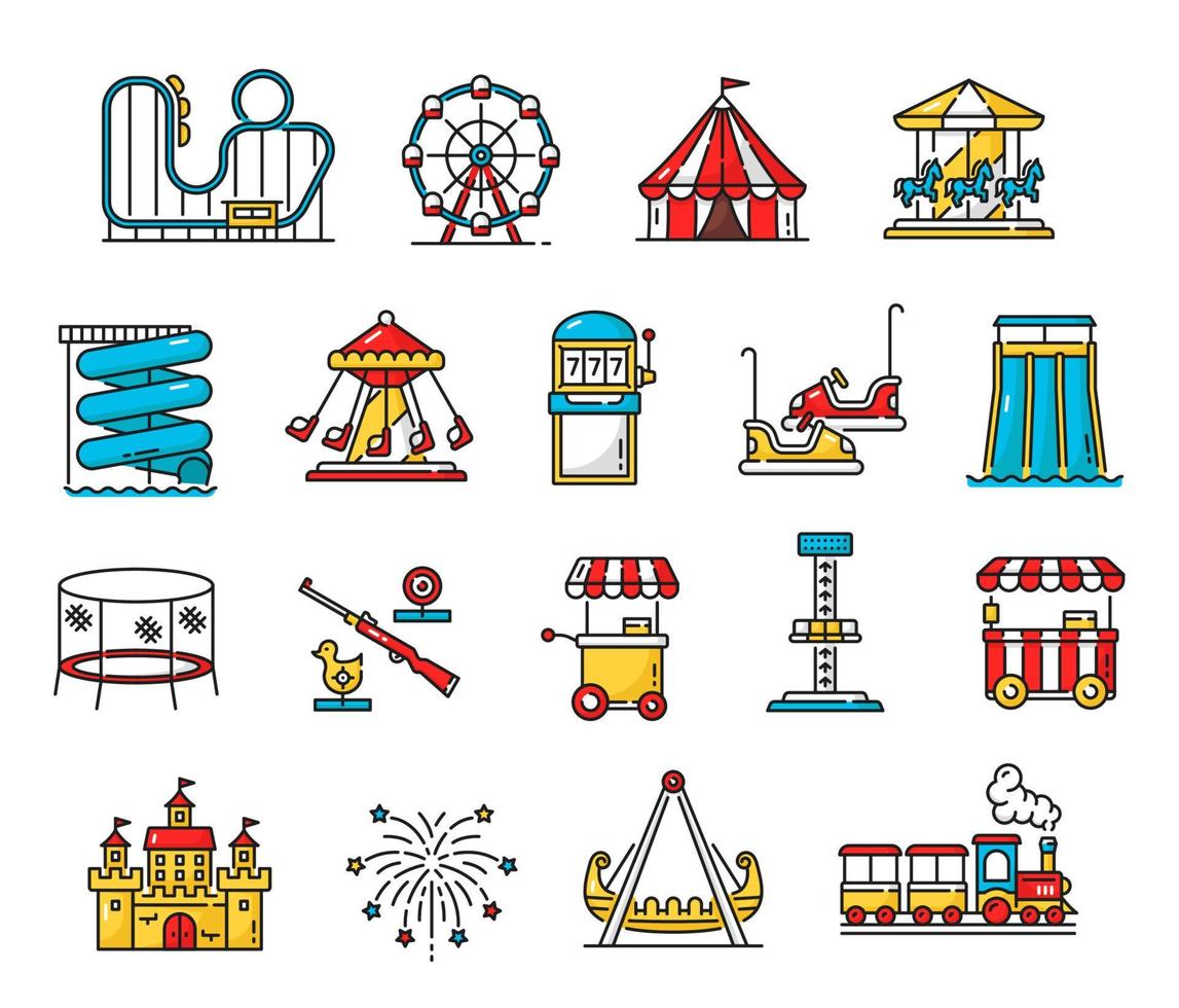 Amusement park, funfair attractions outline icons vector