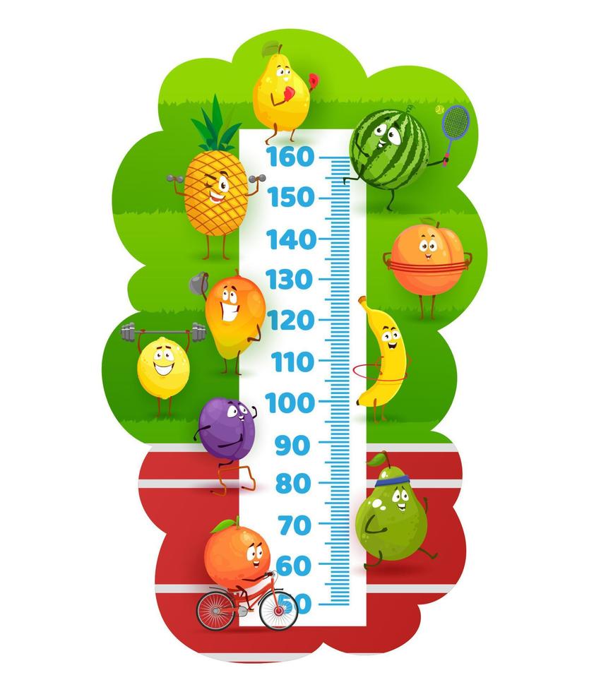 Happy fruits on stadium field, kids height chart vector