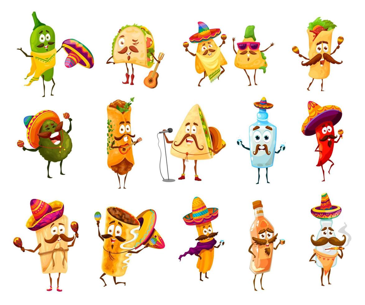 Mexican cartoon funny tex mex food characters vector