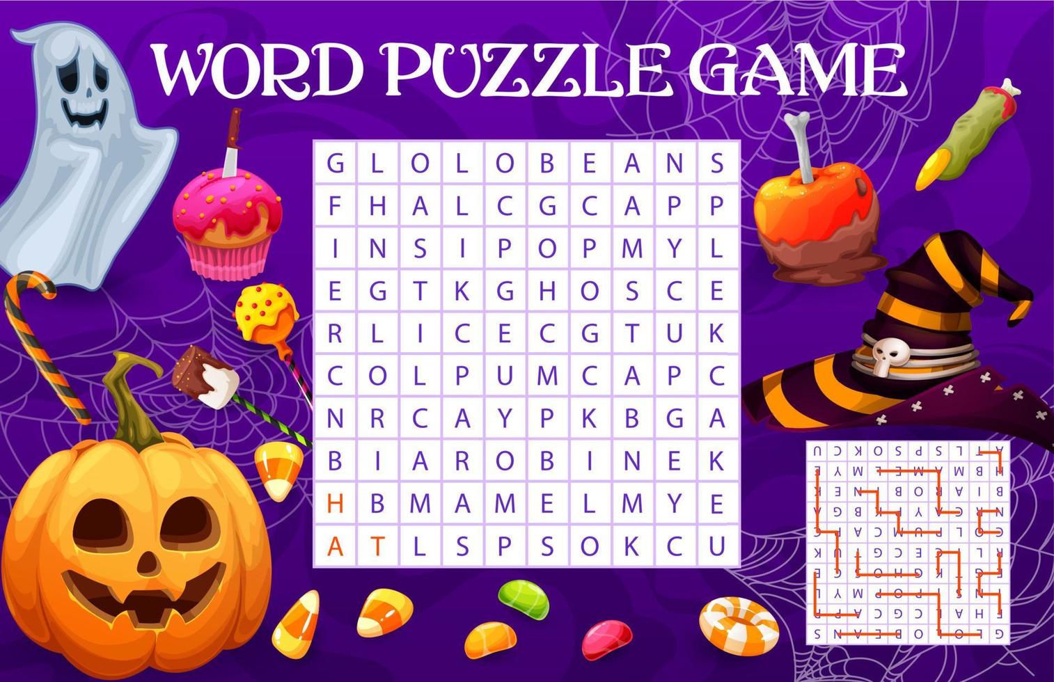 Word search puzzle quiz game of Halloween sweets vector