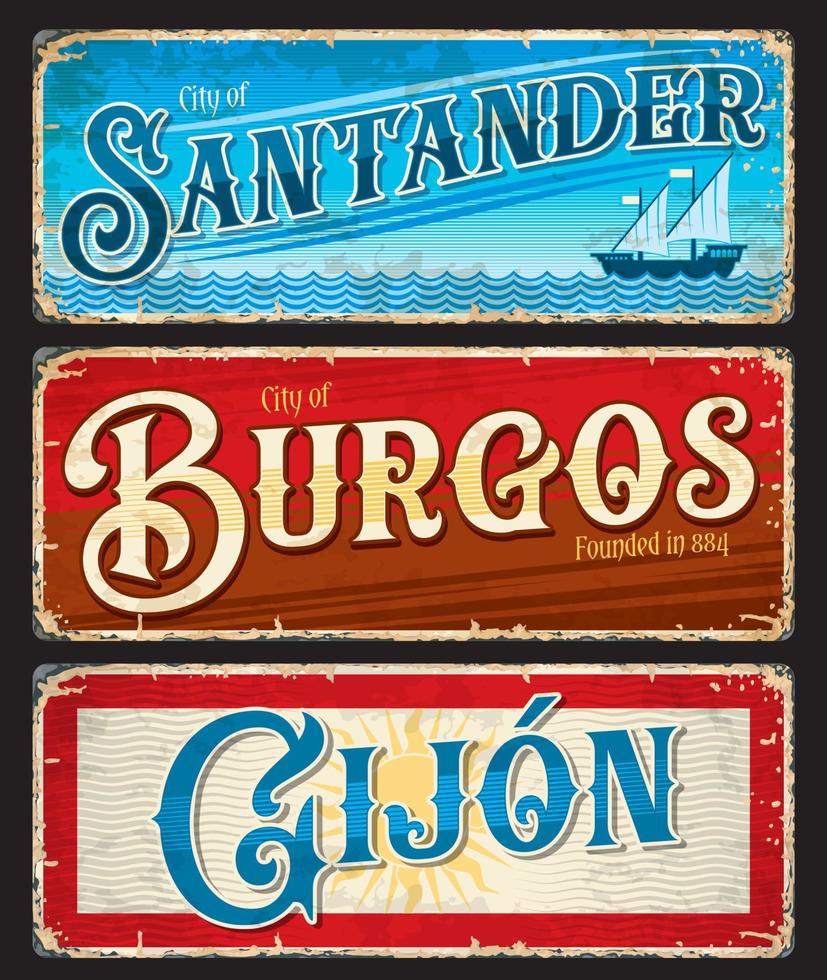 Santander, Burgos, Gijon spanish city tin plates vector