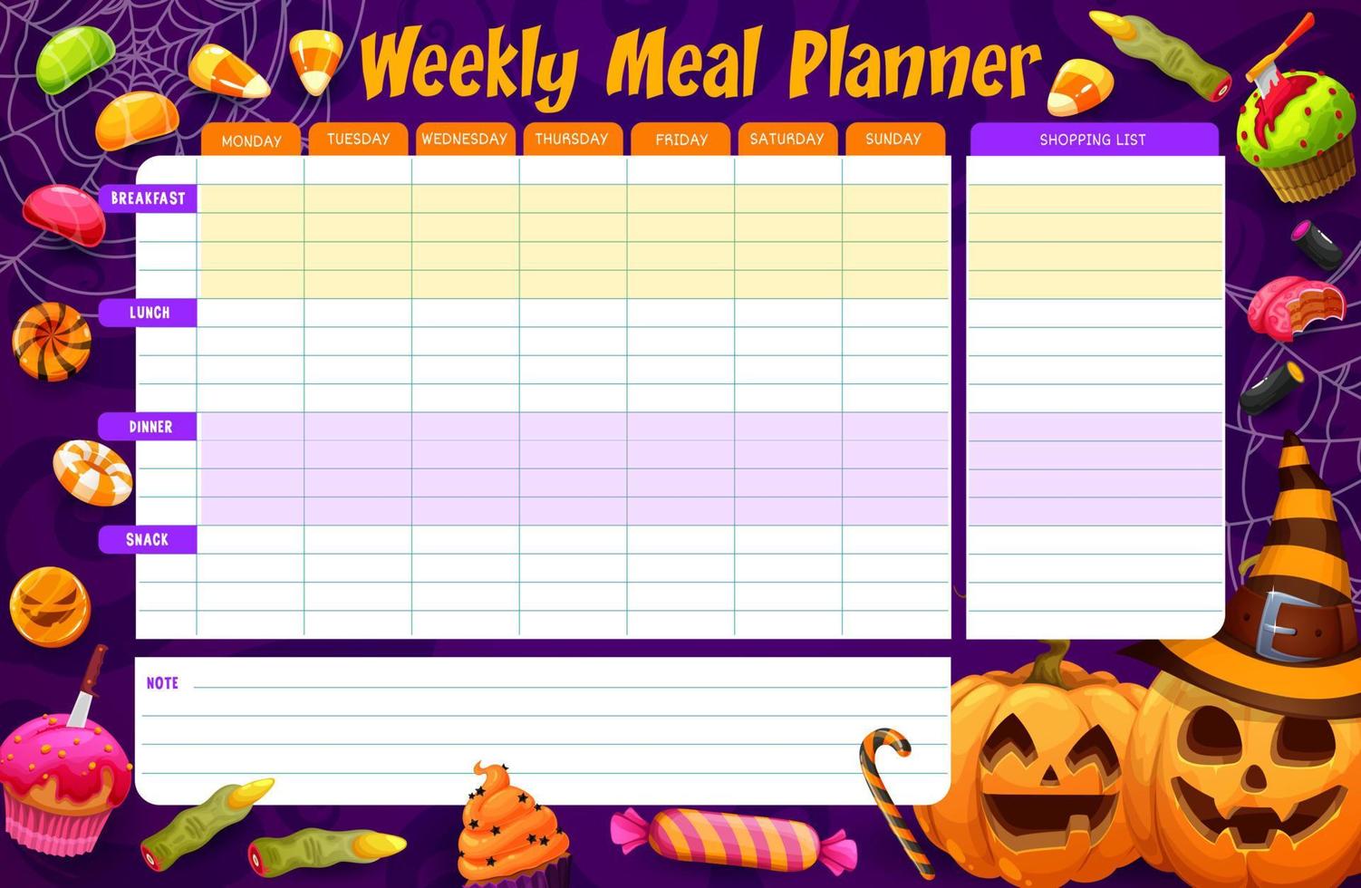 planificador semanal de comidas, dulces y golosinas de halloween vector