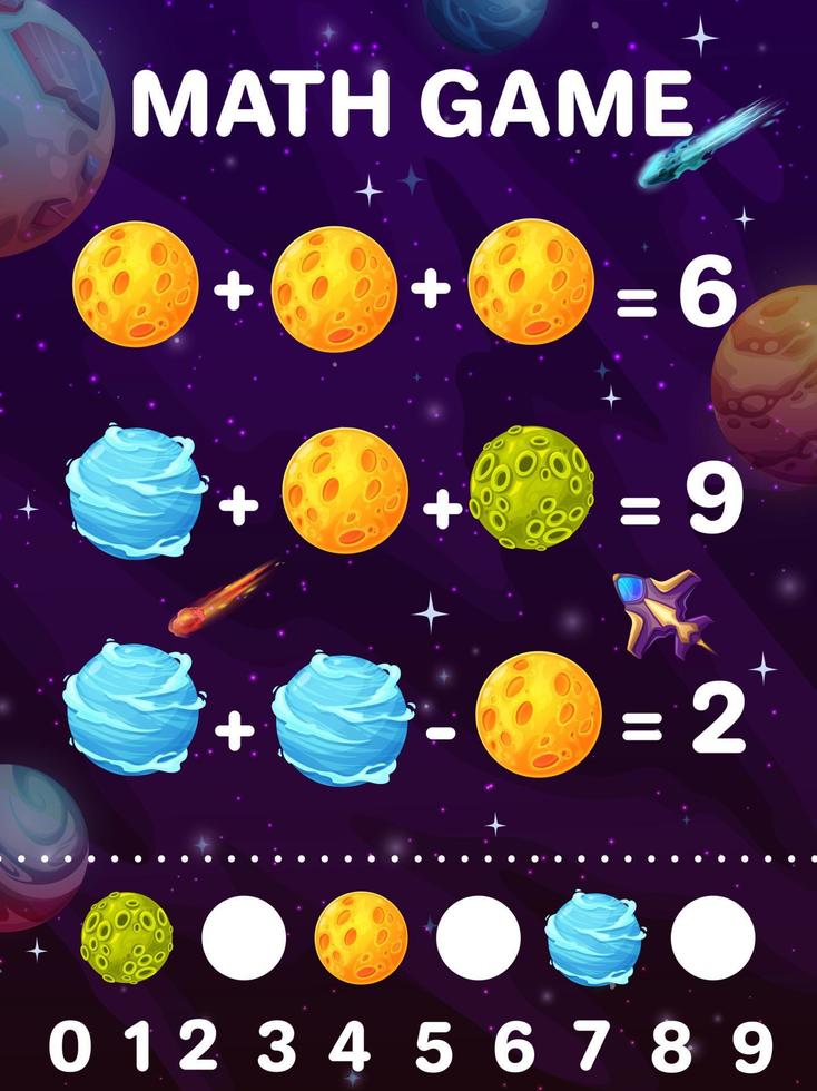 Kids math game worksheet with cartoon space planet vector