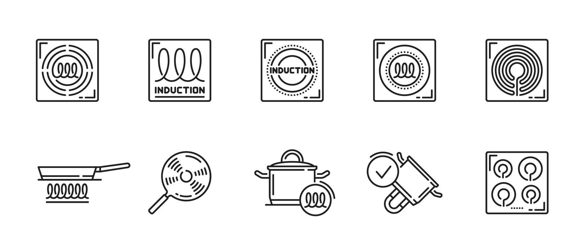 Induction icons, cooker stove and kitchen cookware vector