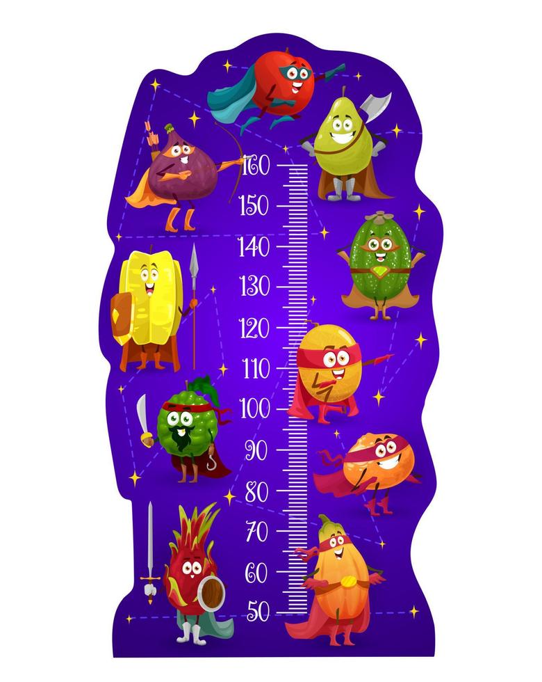 Cartoon fruits superheroes on kids height chart vector