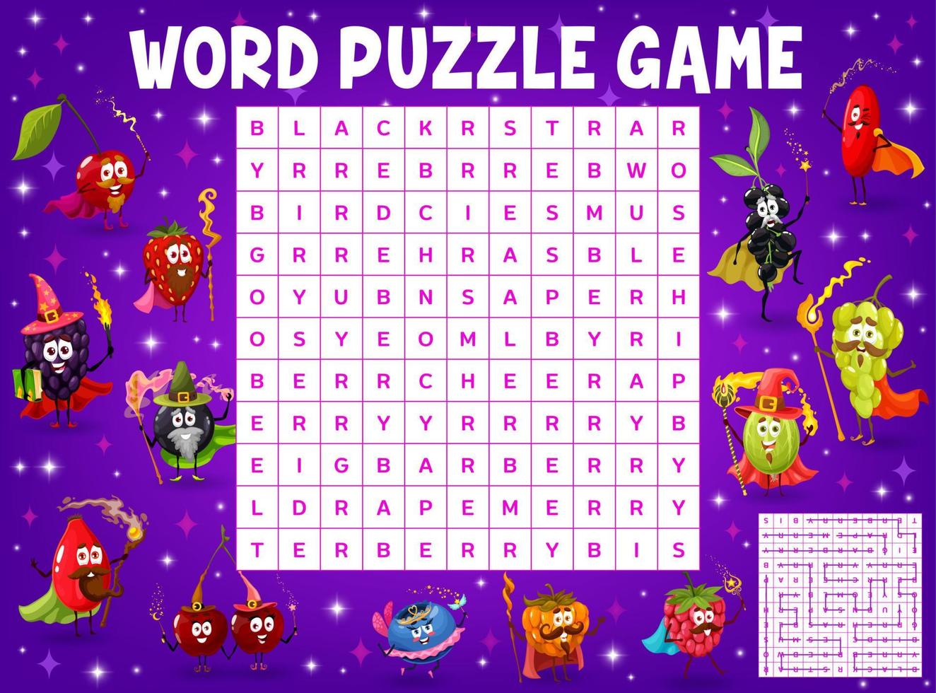 Cartoon berry magician word search puzzle game vector