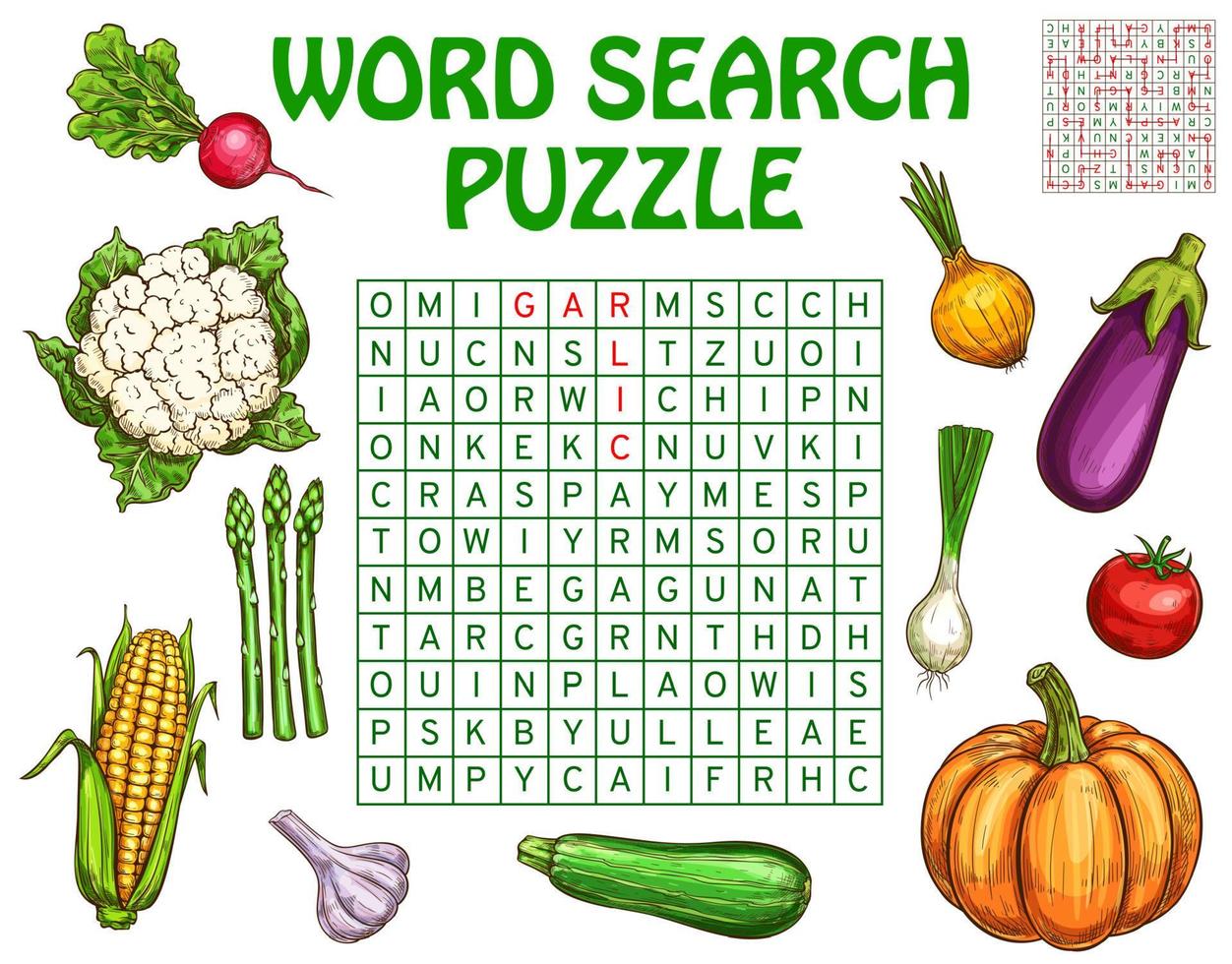 Word search puzzle worksheet with sketch veggies vector