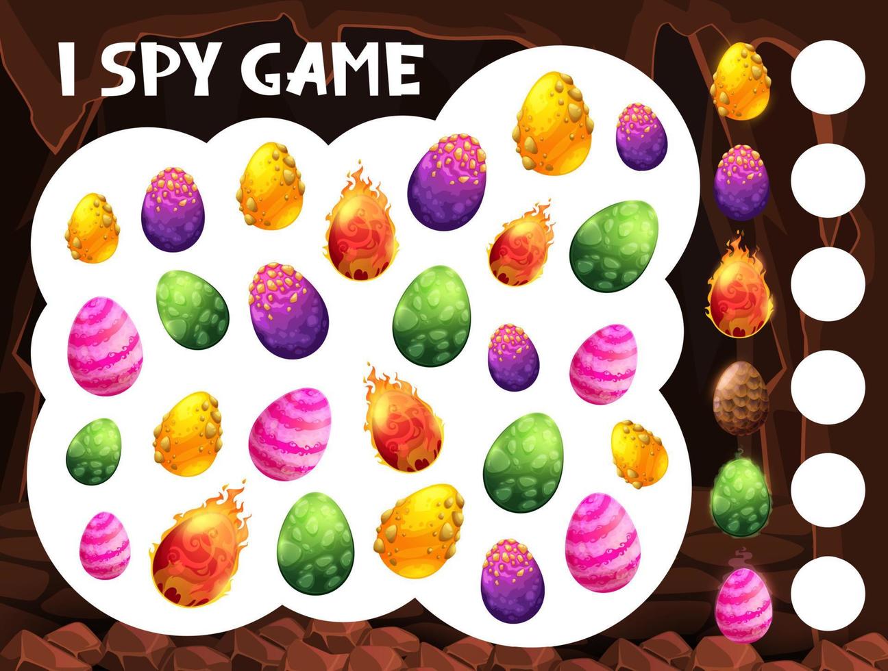 Cartoon dinosaur eggs in cave, I spy game vector