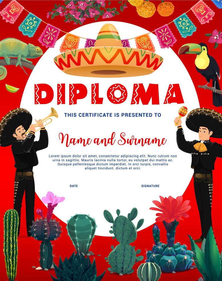 diploma de niños, mariachis, cactus, tucán vector