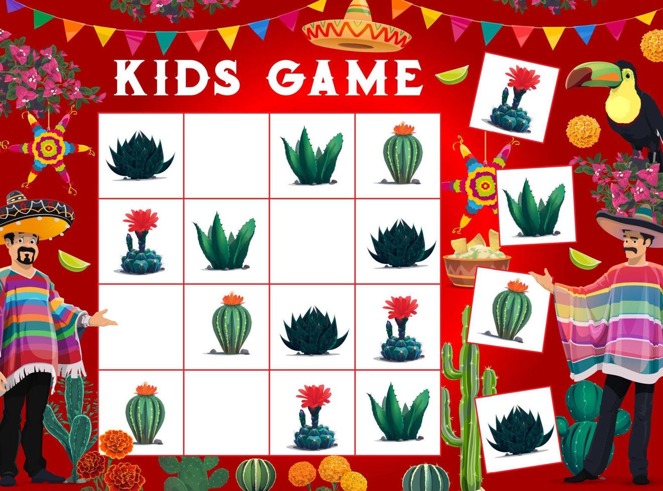 Sudoku game worksheet, Mexican cactuses, sombrero vector