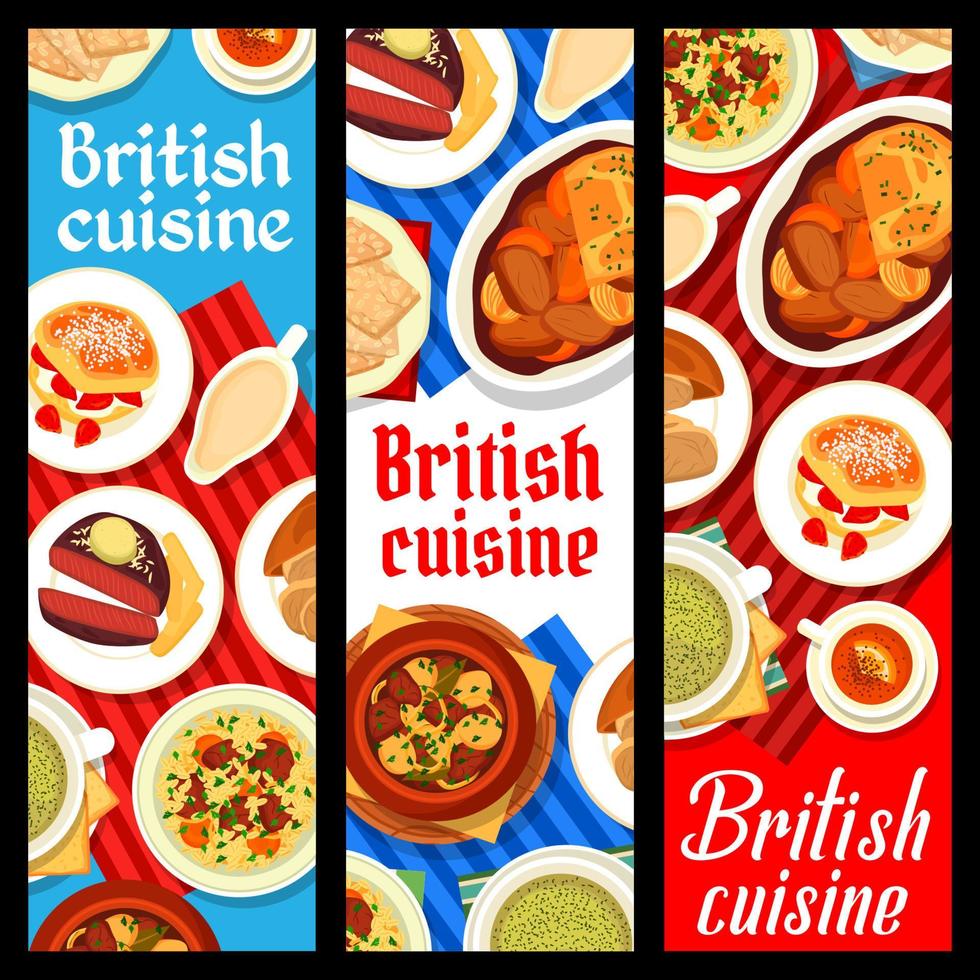 comida de la cocina británica con platos ingleses, pancartas vector