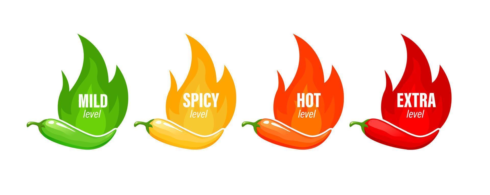 Hot spicy level labels with chili pepper and flame vector