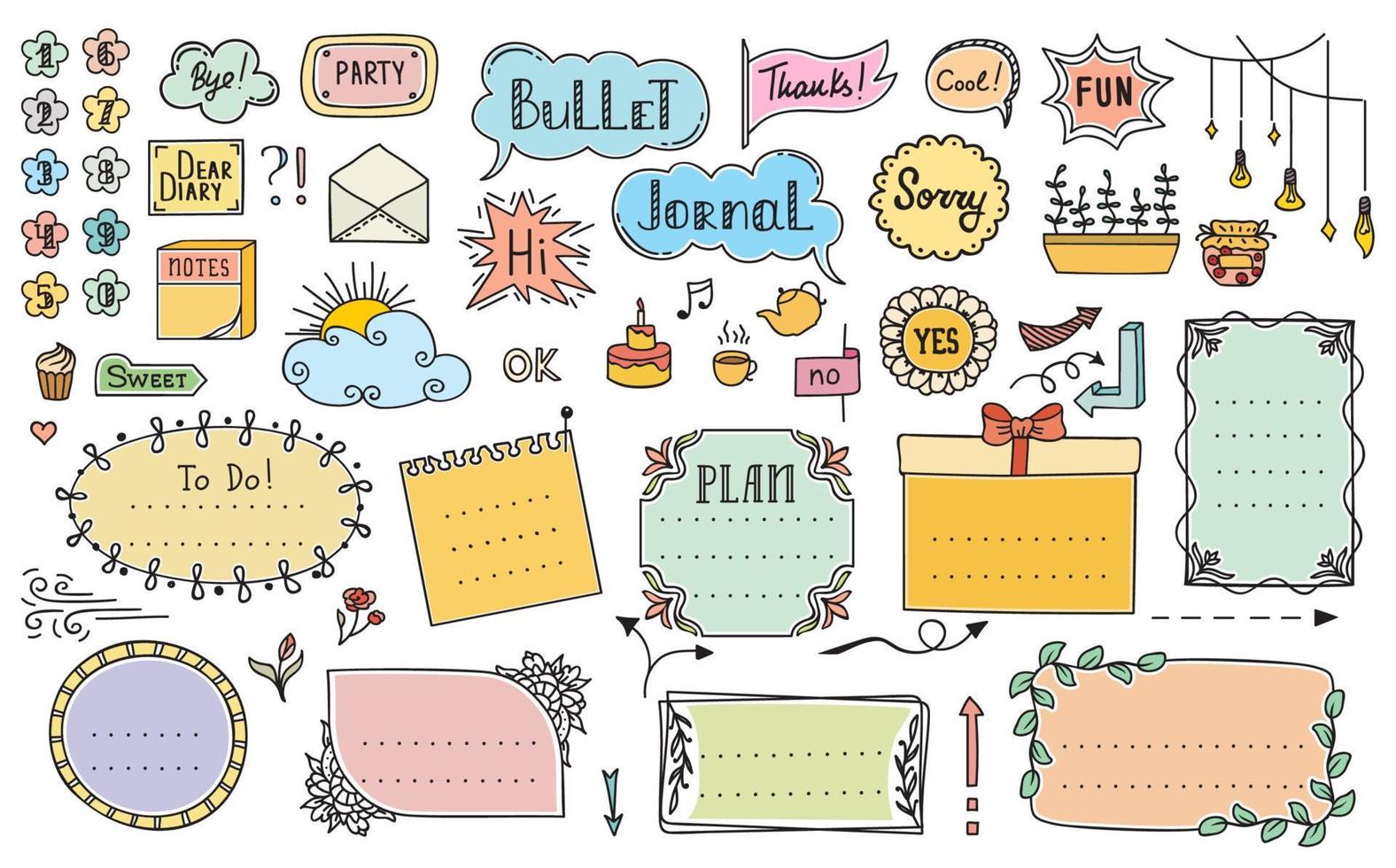 Bullet journal diary calendar color doodle frames vector