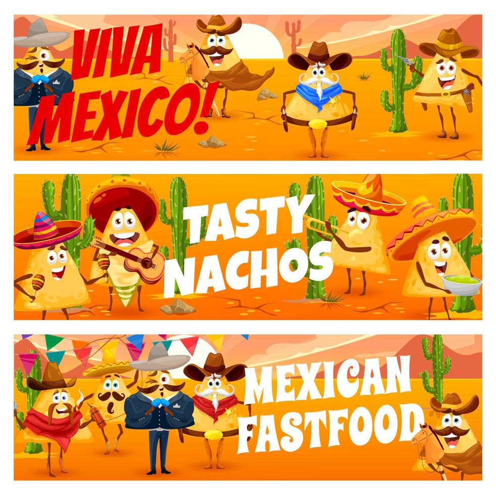 chips de nachos mexicanos como vaquero, bandido y sheriff vector